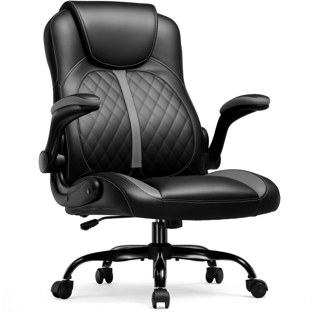 A black and gray gaming chair is shown against a white background.
