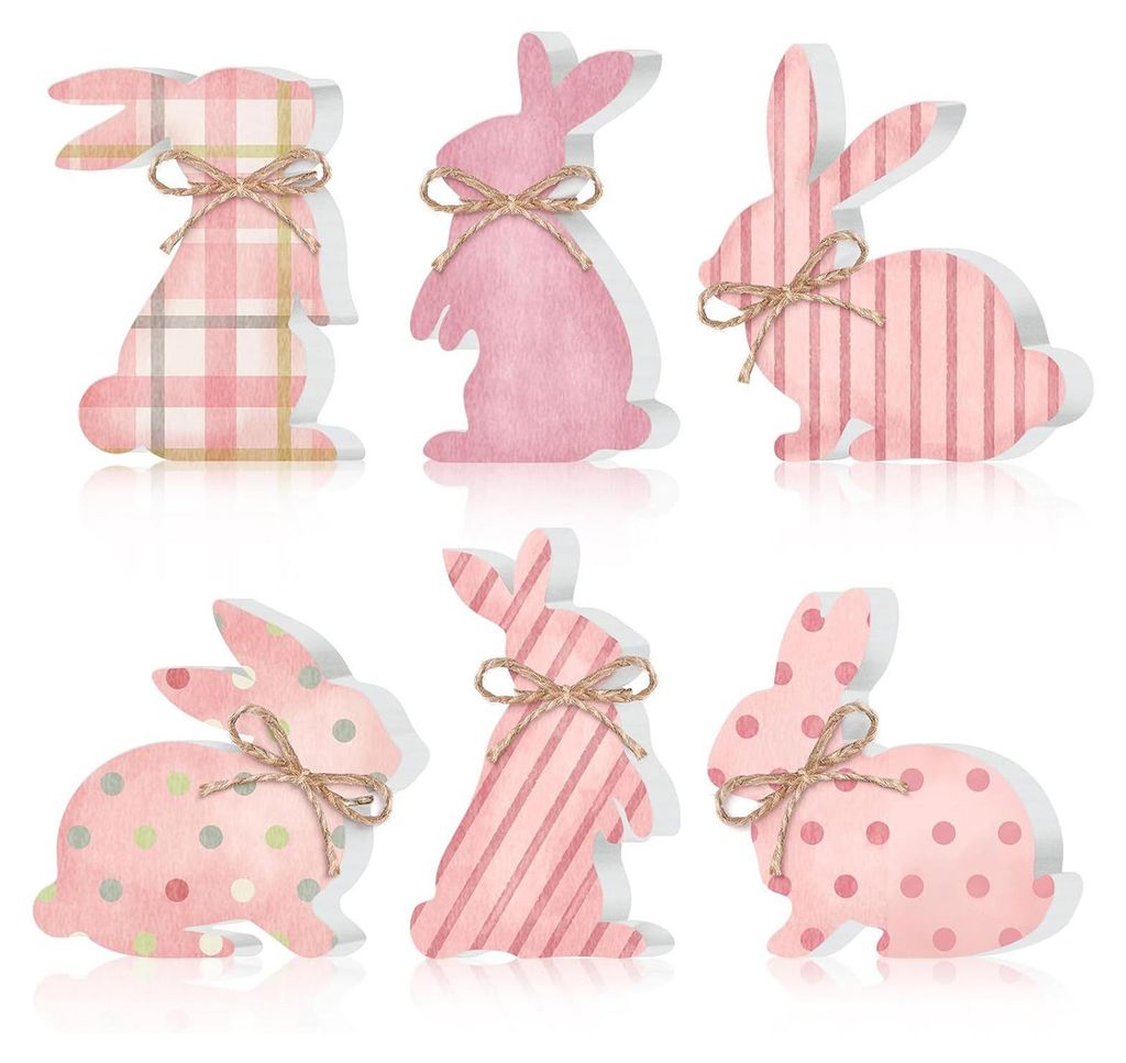 6-teiliges Set Osterhasen-Holzschilder, rustikale rosa Holzhasen-Tischschilder für Etageren, Tisch- und Regaldekoration