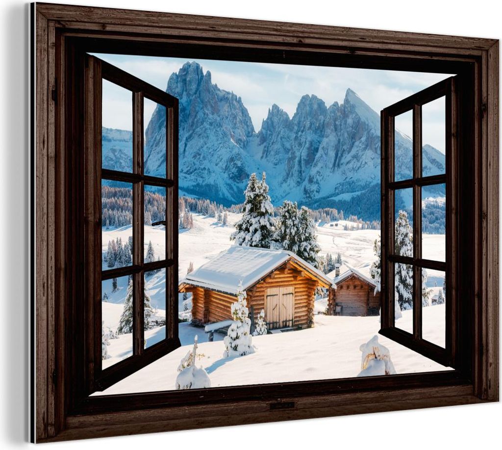 MuchoWow Wanddekoration Metall Metallbild Wandkunst 90x60 cm Aussicht - Winter - Landschaft - Hütte - Berge MuchoWow Aluminium Gemälde - Wandbilder