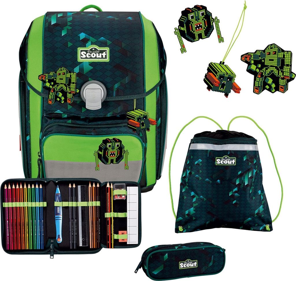 A collection of school supplies, including a backpack, pencil case, and drawstring bag, all featuring a pixelated robot design.