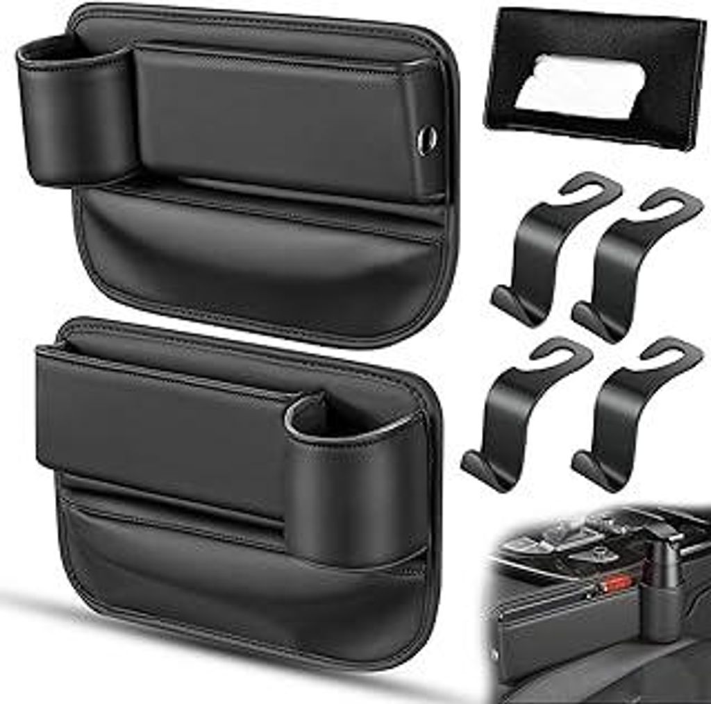 2 STK Gap Organizer, Beifahrersitz Organizer mit Kabelloch für Handys Karten Brillen Schlüssel, mit Taschentuchbox Schwarz & Autohaken