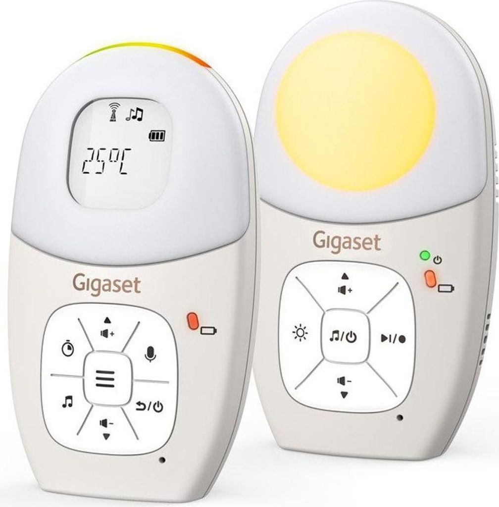 Two Gigaset audio baby monitors are shown side-by-side against a white background. The left unit displays a digital screen showing temperature and battery status, while the right unit features a glowing yellow night light.