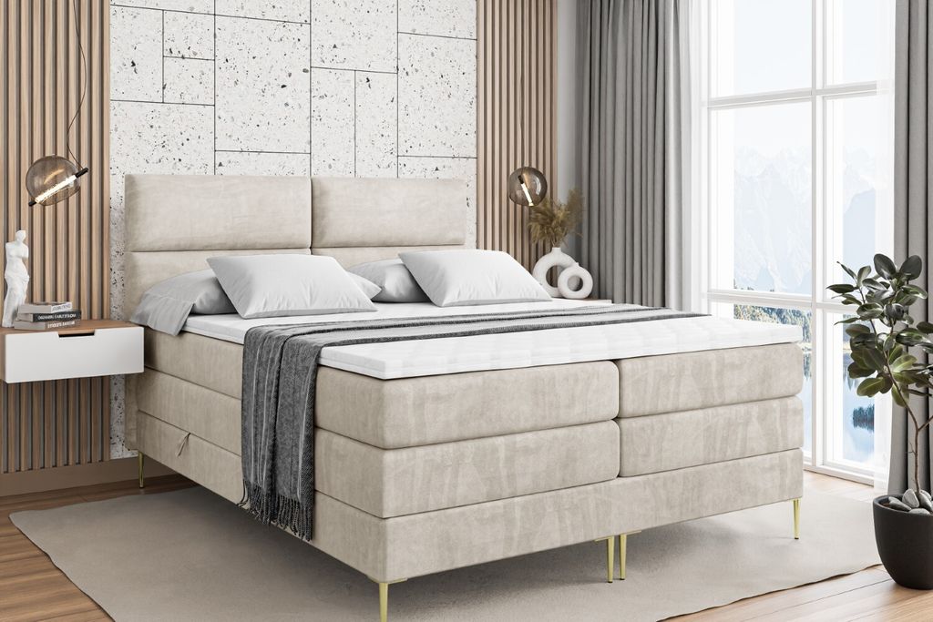 ALTDECOR Boxspringbett mit Gold Füßen, Matratze und Lattenrost, Topper, Polsterbett mit Bettkasten, Bett mit Stauraum H3- und H4- Matratze, Doppe...