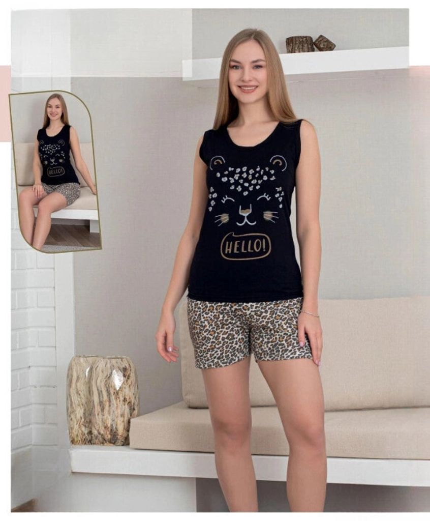 Damen Pyjama Schlafanzug Shorty Kurz Schwarz L 2-Teiler Set L-97