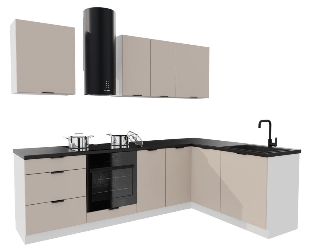 Eckküche - 260x170 cm - Beige Matt - MDF - mit schwarzer Arbeitsplatte - Küchenzeile - mit Hängeschränke und Unterschränke - DENIS