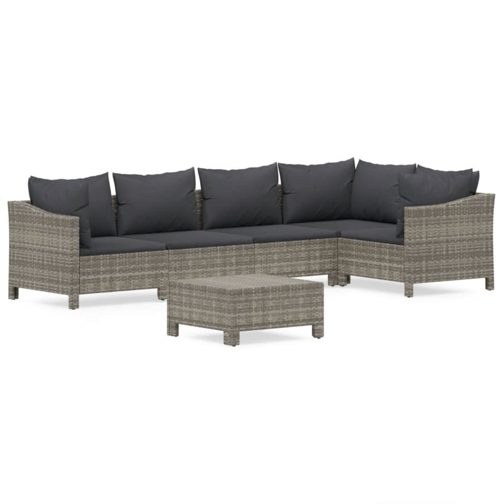6-tlg. Garten-Lounge-Set mit Kissen Grau Poly Rattan