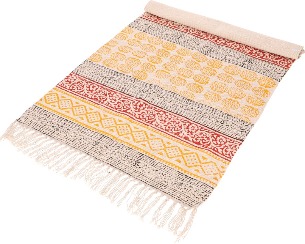 Handgewebter Blockdruck Teppich 190*135 cm, Traditionelles Design, Indischer Baumwollteppich, Bad Läufer - Gelb/rot, Orange, Baumwolle, Teppiche, ...