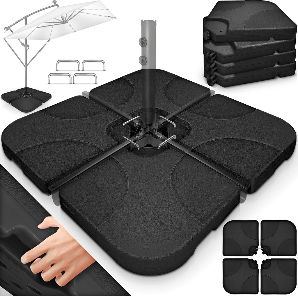 tillvex Sonnenschirmständer Schwarz 60 Liter / 80 kg – 4-teilig für Ampelschirm inkl. Metallverbinder | Schirmgewicht befüllbar mit Wasser o...