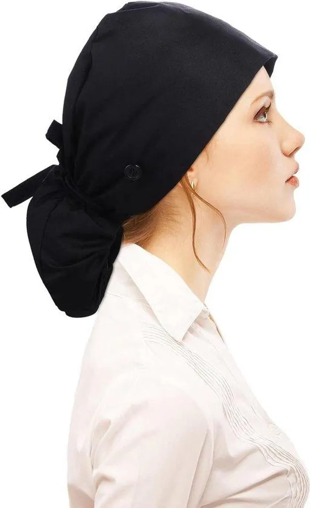 Calot médical noir en coton avec attache pour masque et cheveux longs - T1
