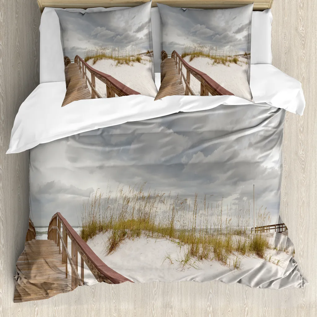 ABAKUHAUS Copripiumino da spiaggia, Tropical Gulf Island, antiacaro, adatto a chi soffre di allergie, con federe, 155 cm x 220 cm - 80 x 80 cm, grigio-crema