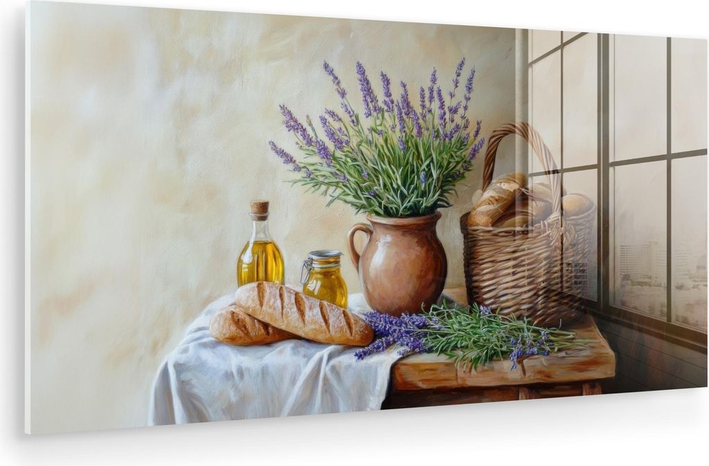 MuchoWow Glasbilder - Bilder auf Wandbild - Foto auf Glas Lavendel - Brot - Stilleben 80x40 cm Wanddekoration aus Glas - Acrylglasbild - Acrylbilde...