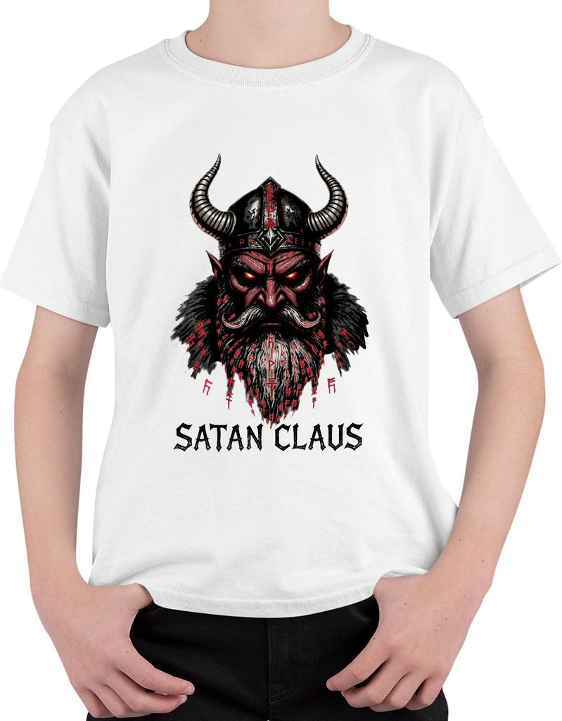 Satan Claus Teufel Wikinger Hörner Bart Runen Weihnachten Gothic Uni Kinder T-Shirt, Weiß, 116