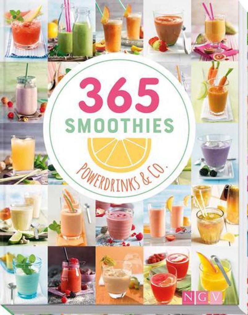 A collage of various smoothie and drink recipes, with a central circular graphic featuring the title.
