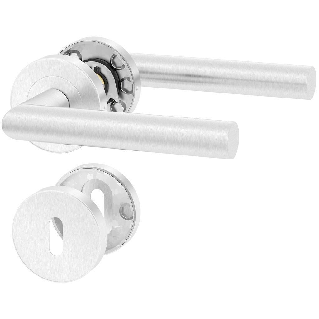 A set of brushed stainless steel door handles and a keyhole escutcheon on a white background.