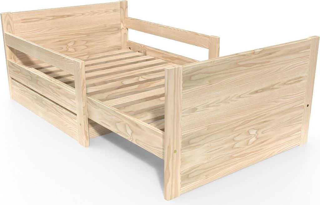Kinderbett 90x200 mitwachsend aus Holz mit Aufbewahrungsschublade - Naturlack