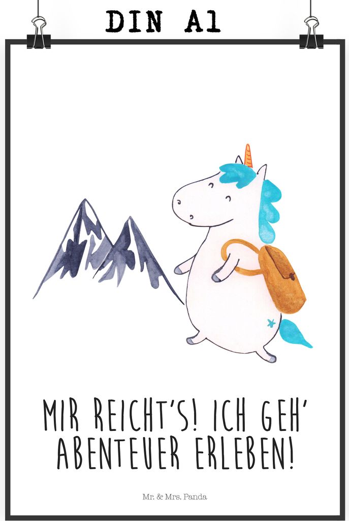 Mr. & Mrs. Panda Bild Einhorn Bergsteiger DIN A1 - Weiß - Geschenk, drucke, Unicorn, wanddeko, Plakat, Wandbild, Kunstdruck, Urlaub, Weltreise, Ab...