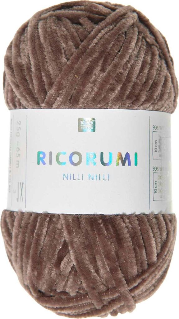 A ball of brown chenille yarn with a white label.