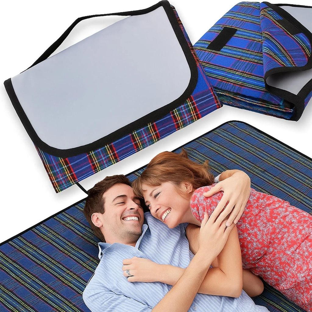 Picknickdecke wasserdicht 150x200 cm Stranddecke Campingdecke Reise Decke groß leicht faltbar Tragegriff blau kariert
