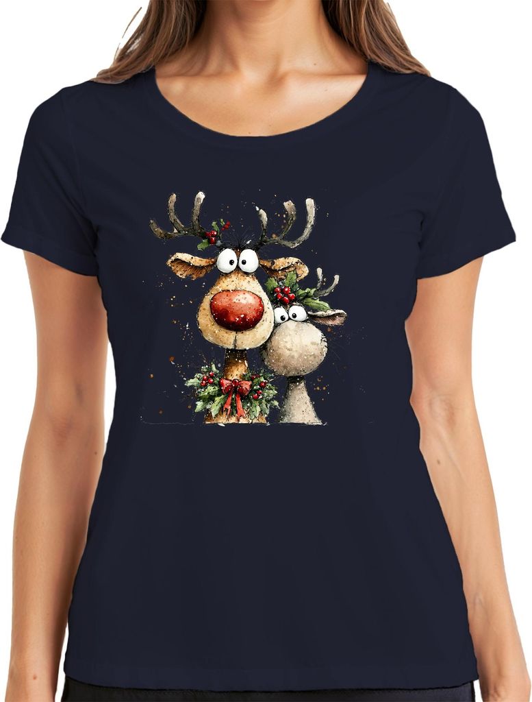 Lustige Rentiere Rotnase Weihnachten Geschenk Aquarell Niedlich Damen T-Shirt, Navy, S