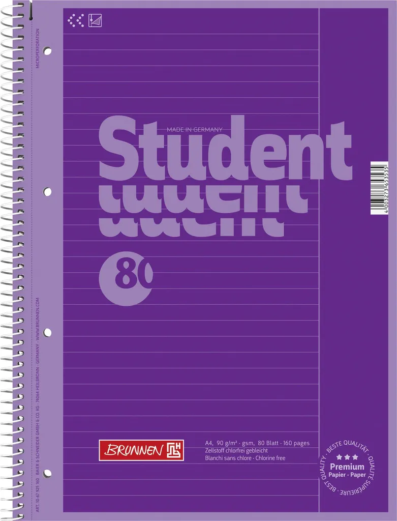 Cahier à spirale A4 Premium liniert 25 pour étudiants - BRUNNEN Violet