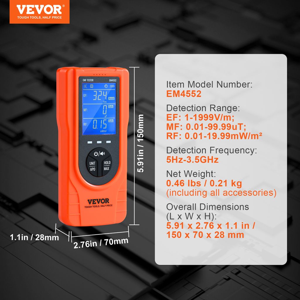 VEVOR 3 v 1 EMF měřicí přístroj, 5 Hz - 3,5 GHz, přenosný Obrázek produktu 7