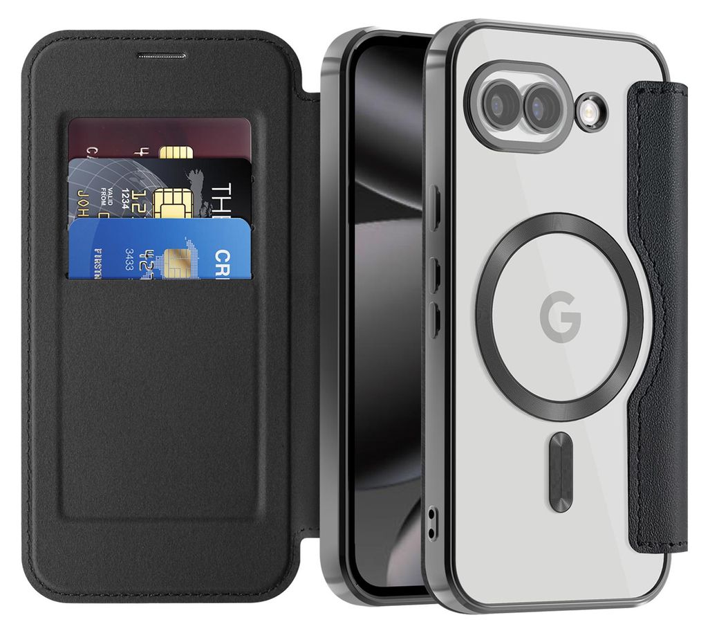 Klapphülle für Google Pixel 10A Kompatibel mit Magsafe, Klar Überzug Kartenhalter Ledertasche mit Kameraschutz Schwarz