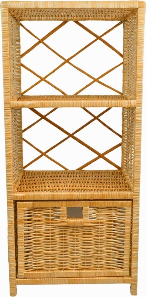 A wicker chest of drawers with a drawer.