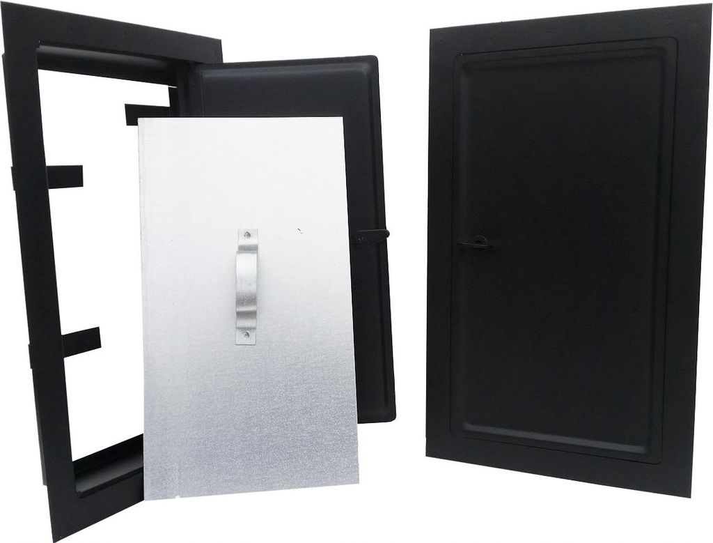 A black fireplace door and its frame are shown, with a silver insert. The items are displayed separately.