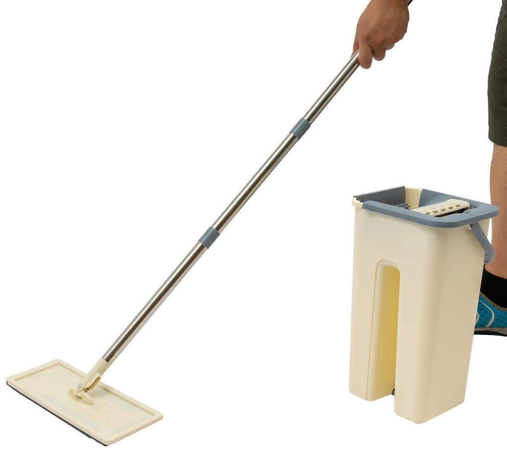 Wischmopp mit Eimer Set - Flachmopp - Handfreies Auswringen - Eimer 8 L, 20×17×37 cm - Edelstahlstiel - Waschbare Mikrofaserpads - Hellgrün