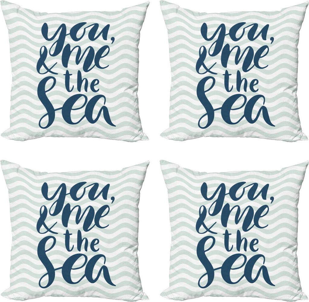 ABAKUHAUS Strand Saying Kissenbezug Set (4 Stück), Sie und ich und das Meer, Moderner Doppelseitiger Digitaldruck, 45 cm x 45 cm, Teal Dunkelblau