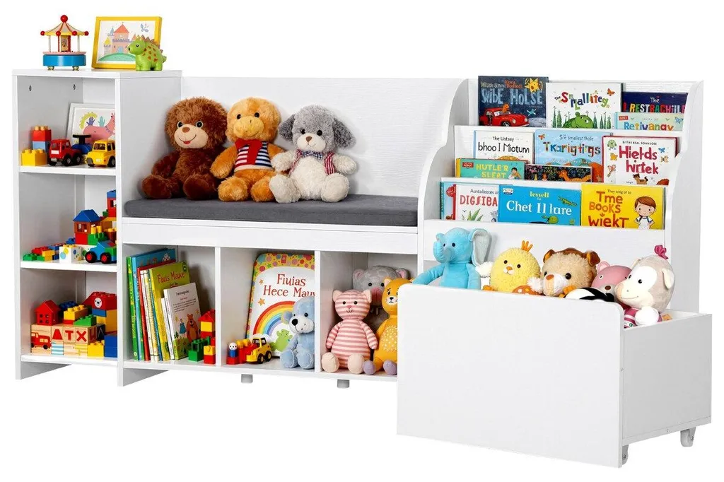 Coin lecture enfants et banc de rangement en bois blanc 170x40x80 cm
