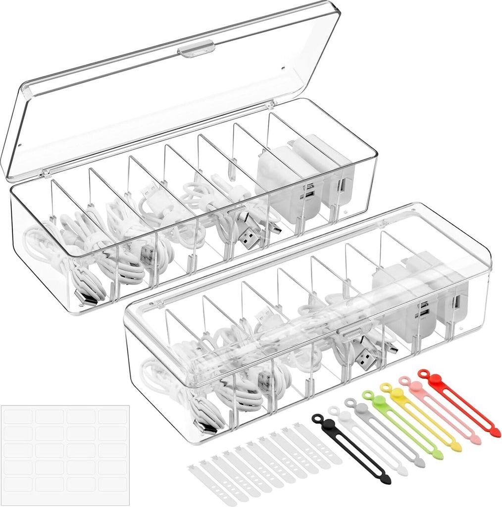 2 Stück Kabel Aufbewahrungsbox, Transparent Kabel Organizer Box mit 8 Abziehbare Fächer und 14 Kabelbindern, Cable Management Box für Schreibtis...