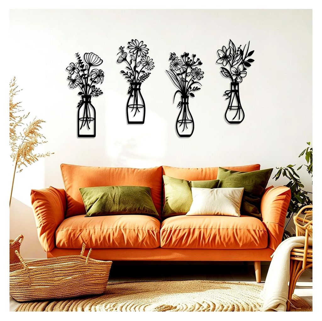 4-teiliges Set Metall Wanddekoration Blumen Wandskulptur Minimalistische Vase Wandkunst für Zuhause Wohnzimmer Schlafzimmer (Schwarz)