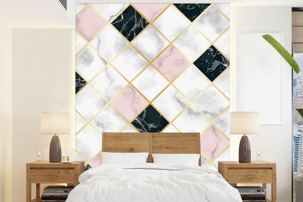 MuchoWow Fototapete für Wohnzimmer oder Schlafzimmer Wandtapete Vinyl Motivtapete Marmor - Geometrische Formen - Muster - Luxus - 160x220 cm - B...