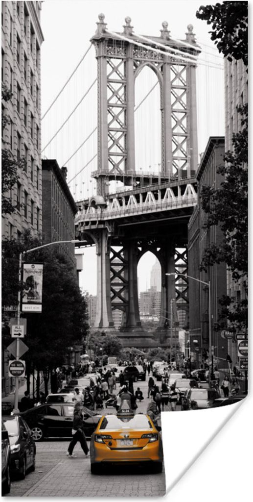 MuchoWow Poster Schwarz-Weiß-Foto mit einem gelben Taxi im amerikanischen New York 75x150 cm - Dekoration für die Wände