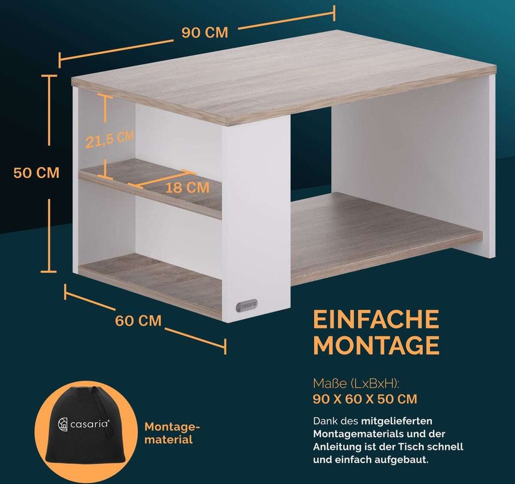 CASARIA® Couchtisch Weiß Eiche Holz mit Stauraum 2 Fächer Produktbild 4
