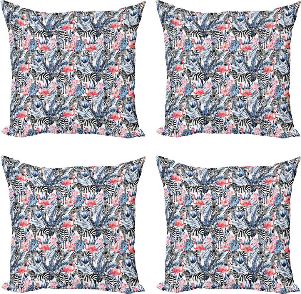 ABAKUHAUS Aquarell Kissenbezug Set (4 Stück), Flamingo mit Zebra, Moderner Doppelseitiger Digitaldruck, 45 cm x 45 cm, Blau Schwarz Coral