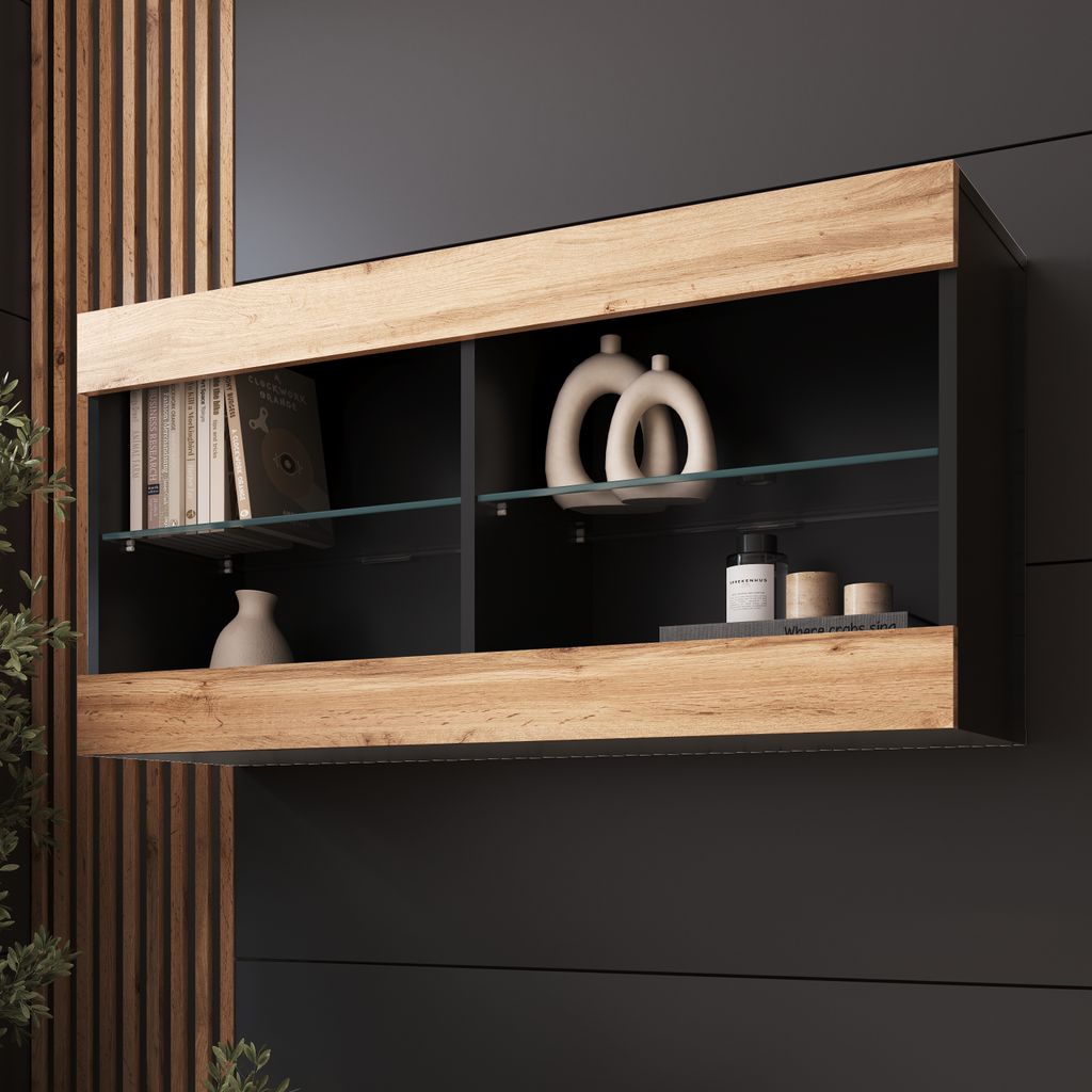 Komodee, Hängende Vitrine Schrank Tivoli, Wotan/Schwarz, Breite 100cm x Höhe 50cm x Tiefe 29cm, 2 Regalböden, für Wohnzimmer, Schlafzimmer, Ein...