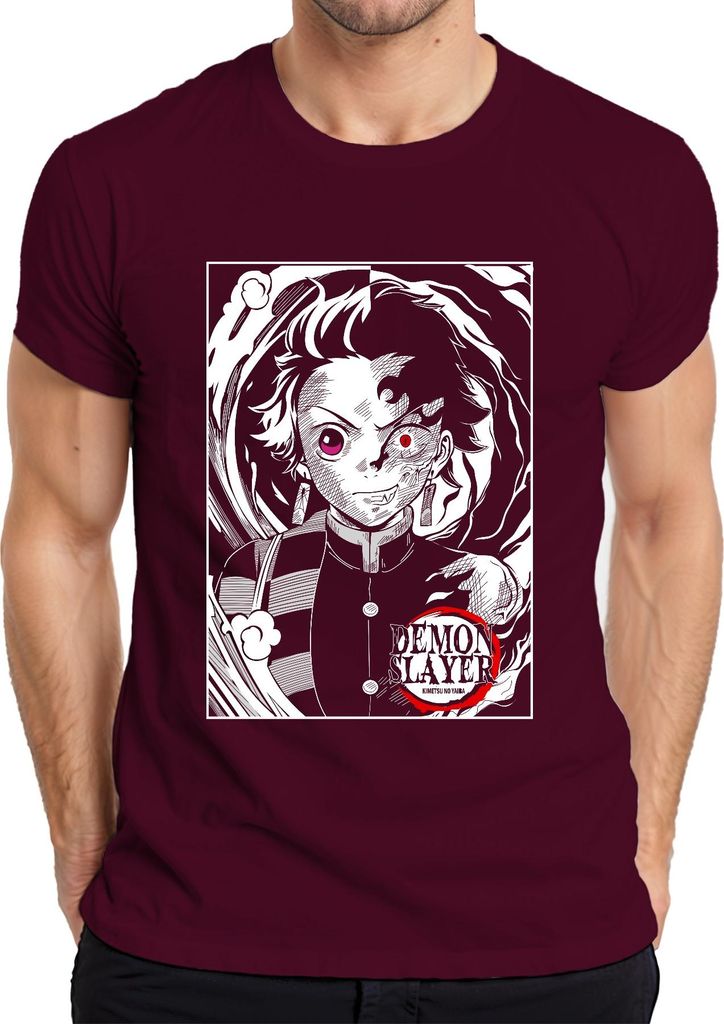 Demon Slayer Tanjiro halbverbrannt Kimetsu no Yaiba Anime Herren T-Shirt, Burgundy, M