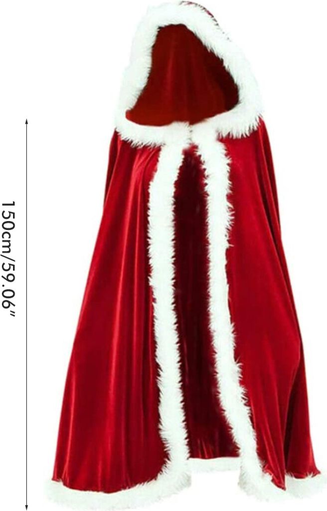 A red hooded cape with white fur trim, likely a Christmas costume.