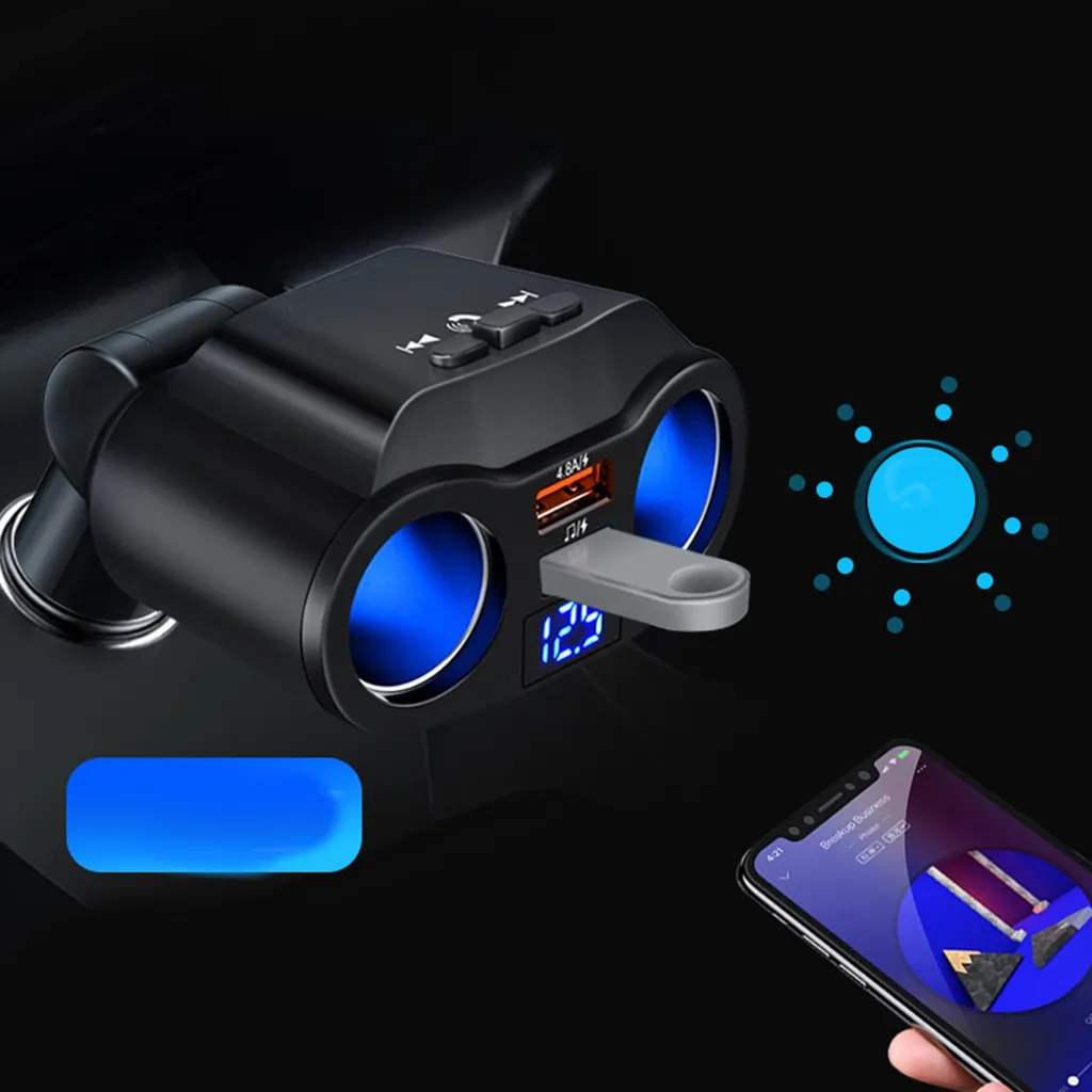 Adattatore caricabatterie per auto multifunzione Bluetooth a 2 prese per accendisigari con doppia porta USB