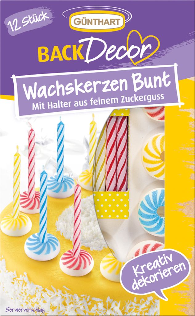 BackDecor 12 bunte Wachskerzen mit Zuckerkerzenhalter - langsam abbrennend