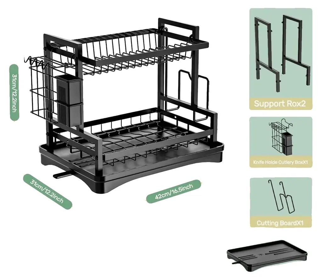 Égouttoir à vaisselle 2 niveaux noir avec drainage automatique - Modèle E2