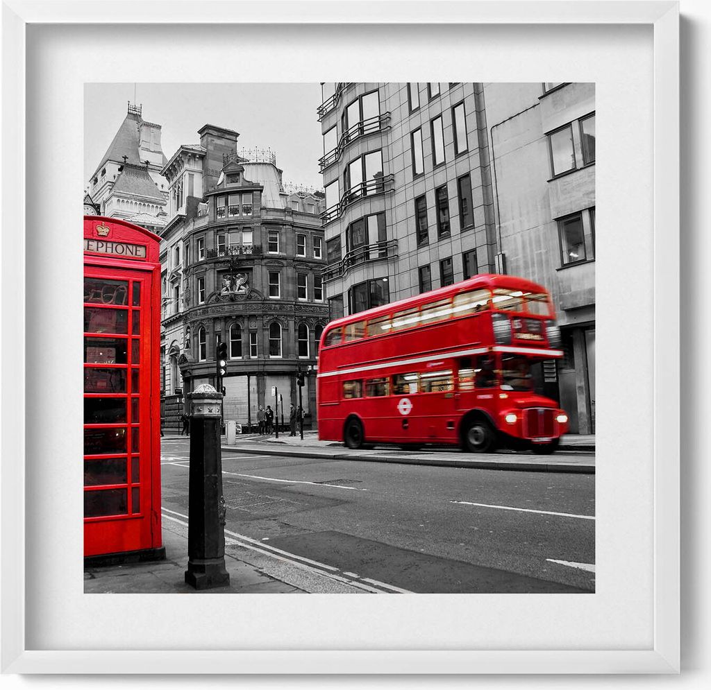 Historischer amerikanischer Bus auf der Straße– Wandbild mit Rahmen – Gerahmtes Bild – Wanddekoration – 50x50 cm – Weiß Rahmen