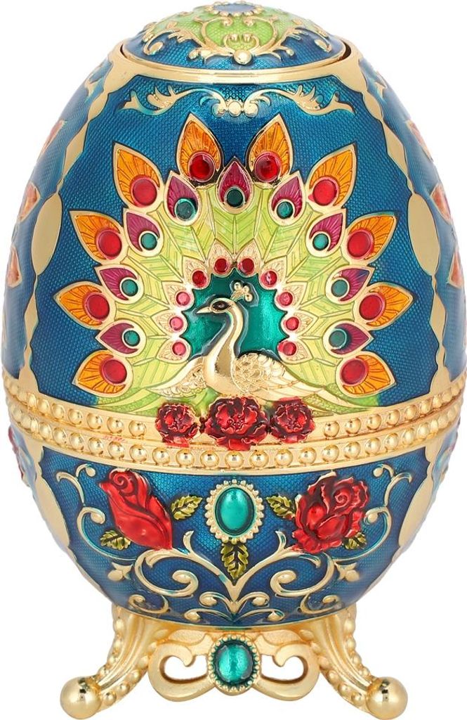 A decorative egg-shaped box with a peacock design.