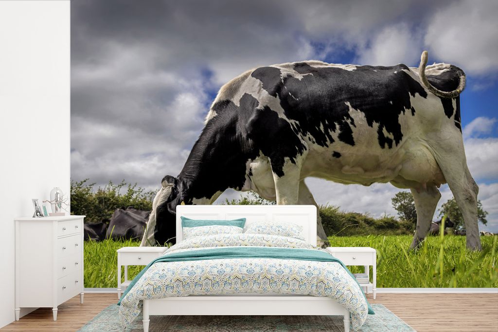 MuchoWow Fototapete für Wohnzimmer oder Schlafzimmer Wandtapete Vinyl Motivtapete Kuh - Gras - Schwanz - Tiere - 525x350 cm - Das Hintergrundbild