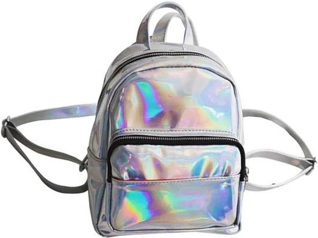 Cartable gris à hologrammes M brillant avec décorations fleurs irisées