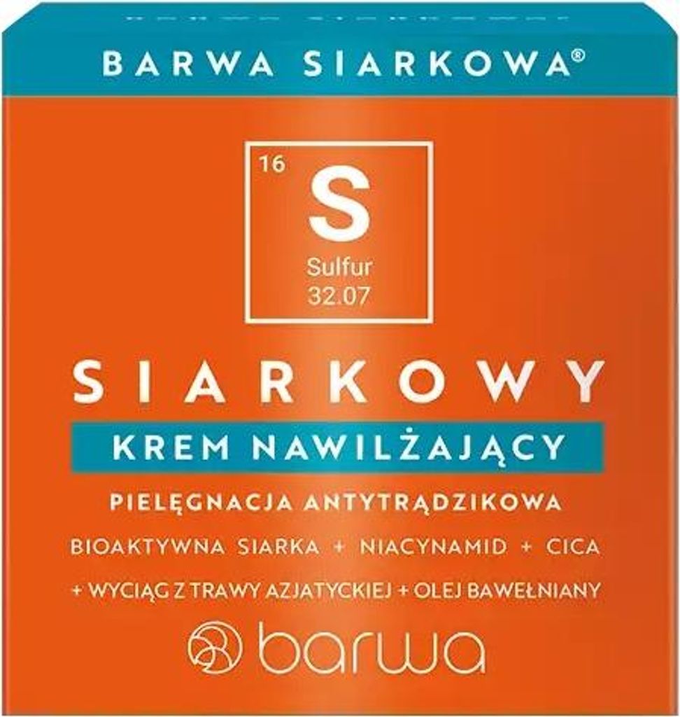 The image shows the packaging of a skincare product, specifically a cream. The packaging is predominantly orange and blue, with text and a periodic table element symbol for Sulfur.