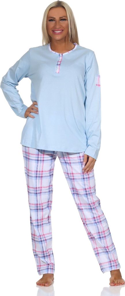Normann Damen Schlafanzug mit karierter Pyjama-Hose aus Jersey - auch in Übergröße ; hellblau , 56