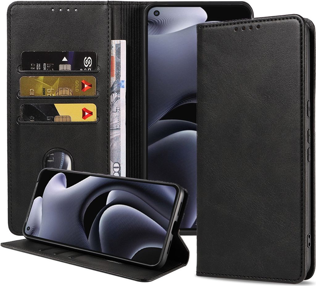 Smartphonica Handytasche passend für Realme GT Neo 2 Kunstledertasche mit Magnetverschluss und Kartenfächern Buchtasche mit Klappe - Schwarz